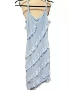 Ruffled Blue Dress Asymmetric Sundress Adjustable Spaghetti Straps V-neck XS
